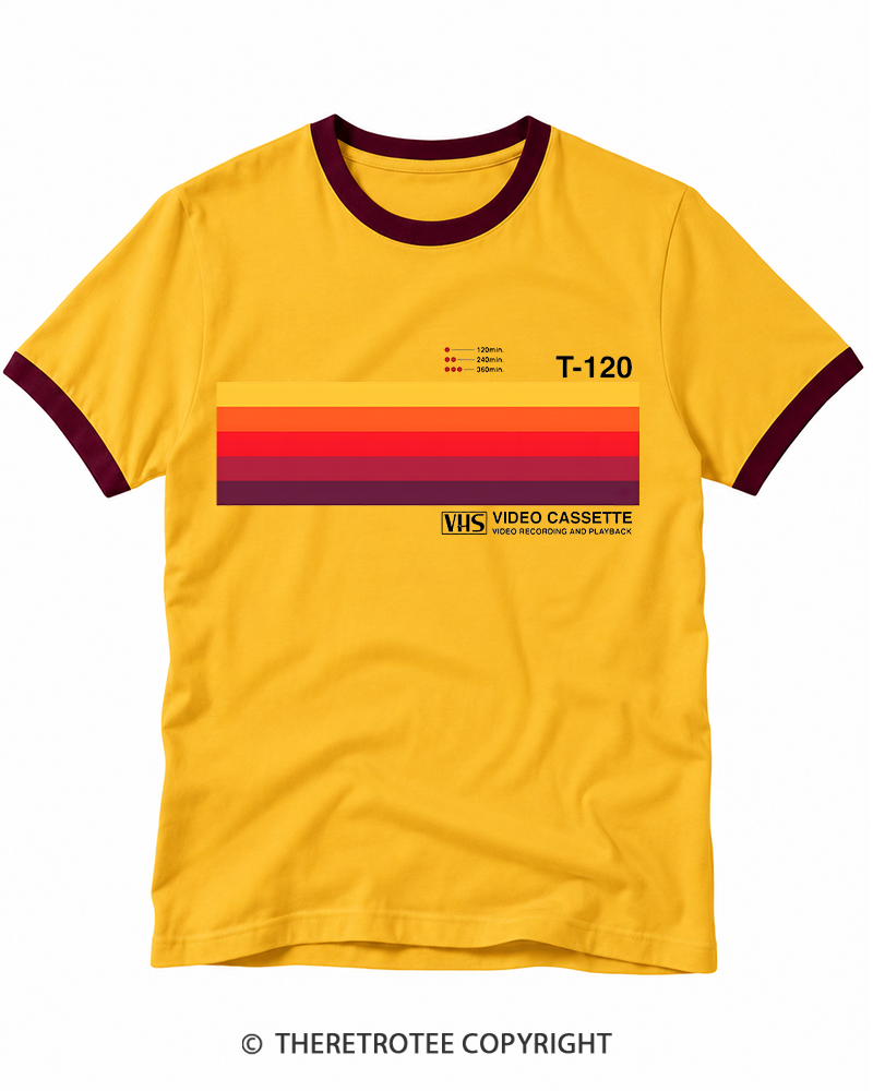 TheRetroTee Sunset Video Cassette VHS 1980s Ringer T-shirt