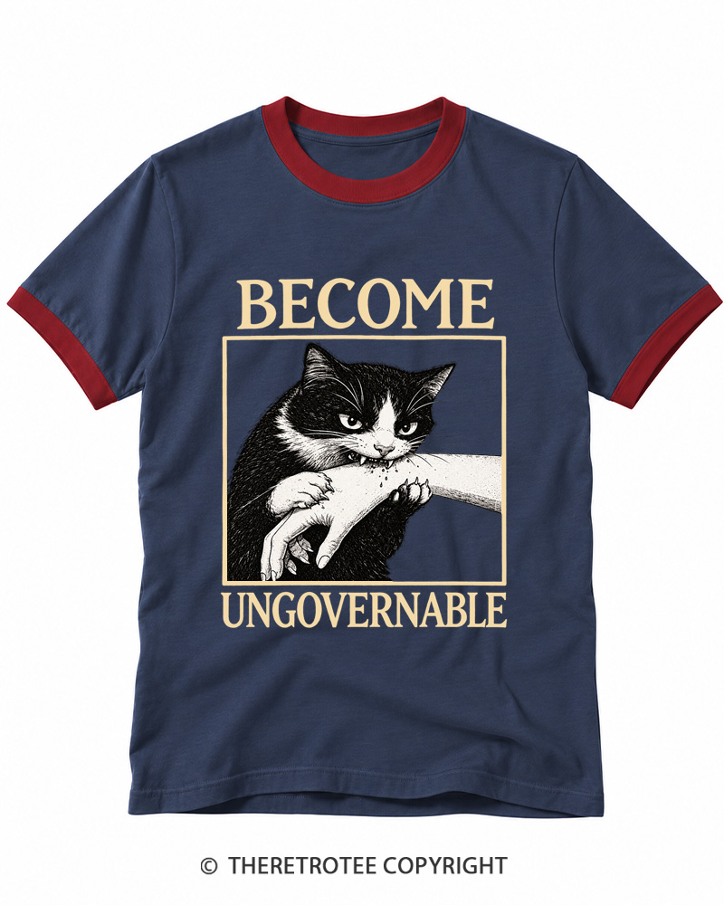 TheRetroTee Become Ungovernable Cat Ringer T-shirt