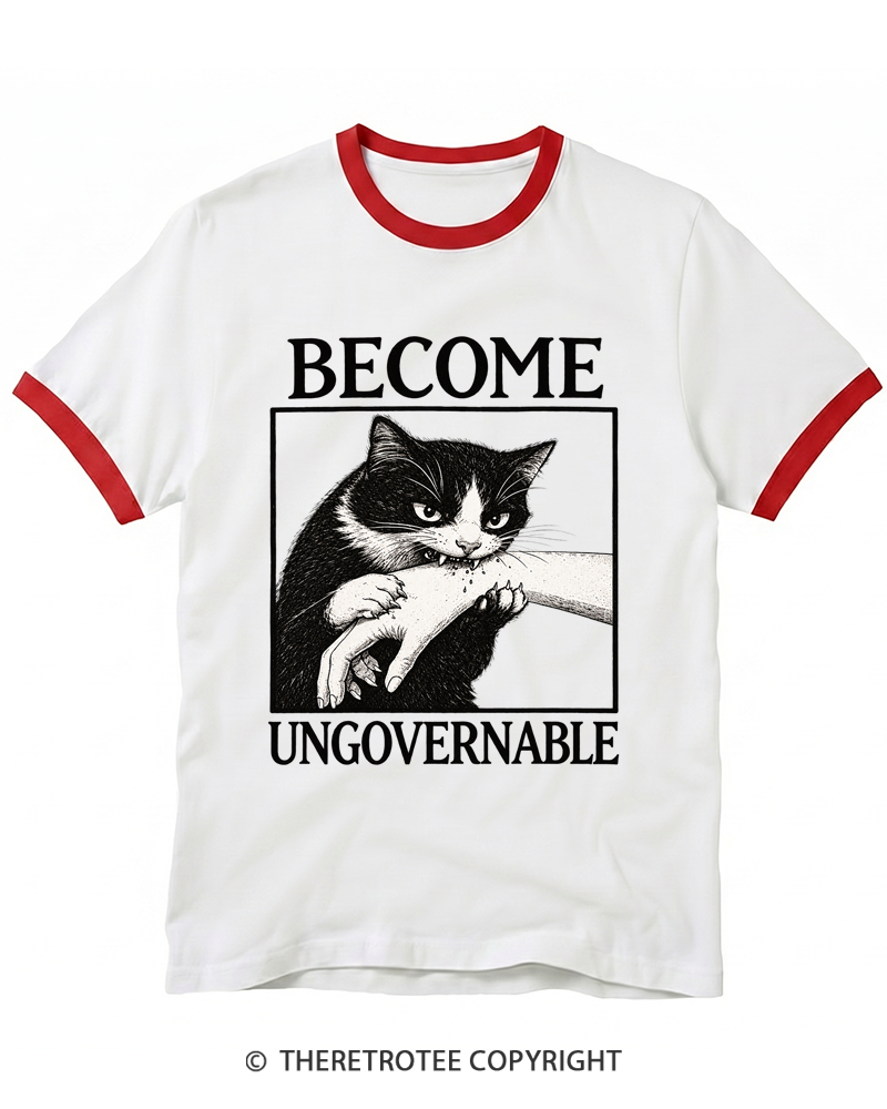 TheRetroTee Become Ungovernable Cat Ringer T-shirt
