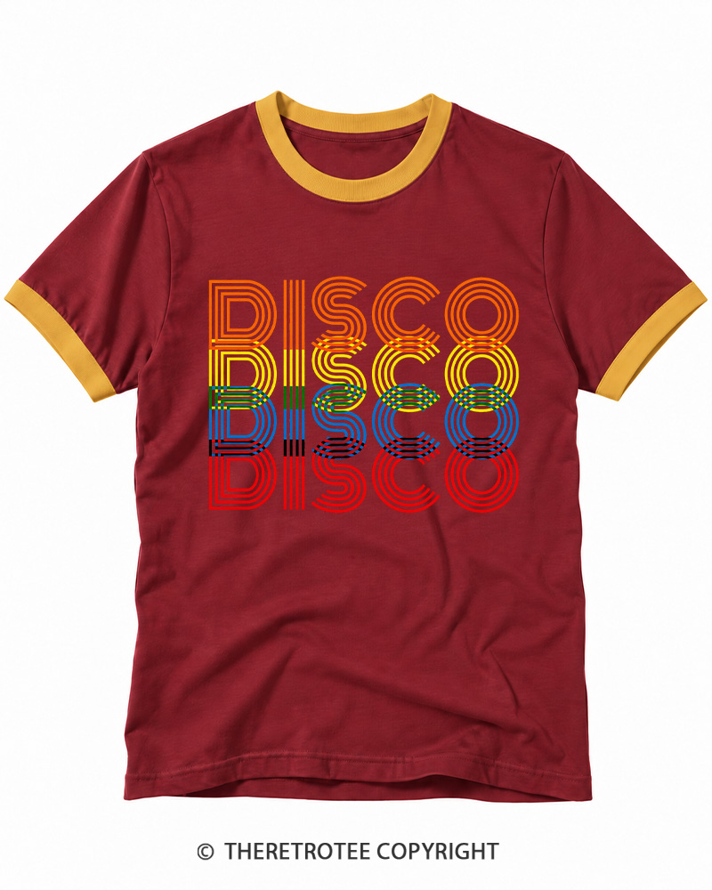 TheRetroTee Disco Rainbow 1970s Ringer T-shirt