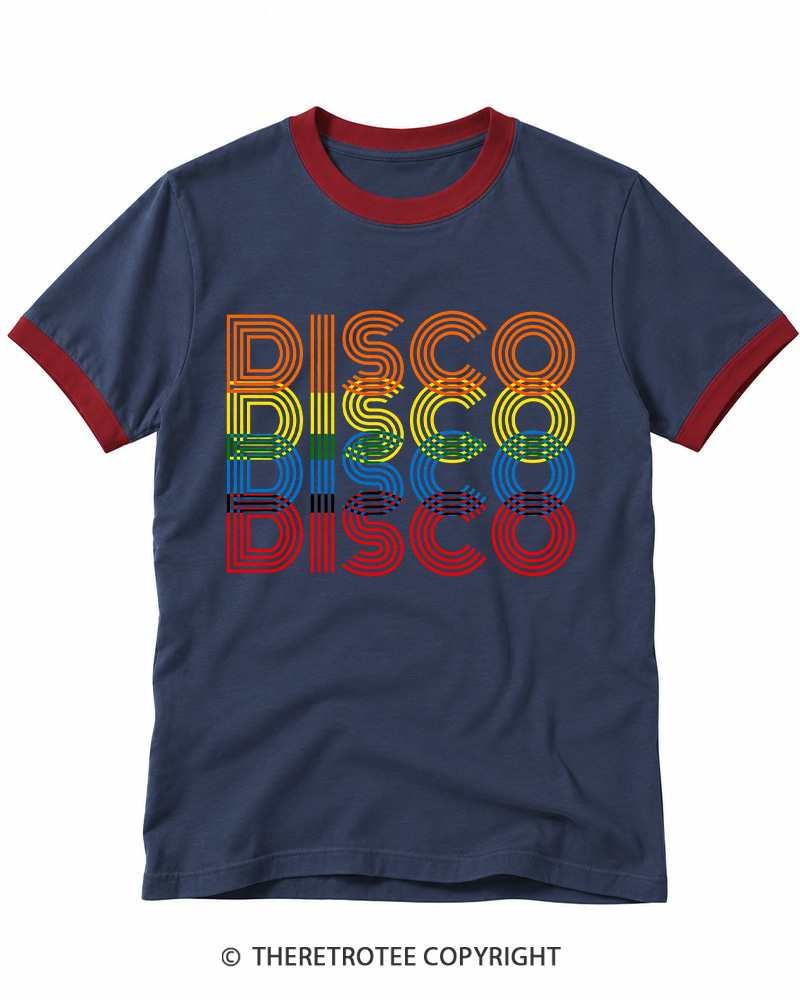 TheRetroTee Disco Rainbow 1970s Ringer T-shirt