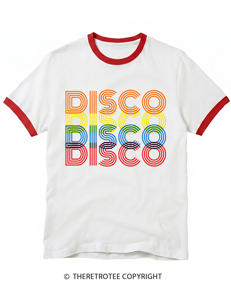 TheRetroTee Disco Rainbow 1970s Ringer T-shirt