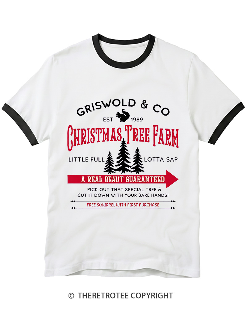 TheRetroTee Christmas Tree Farm 1980s Christmas Ringer T-shirt