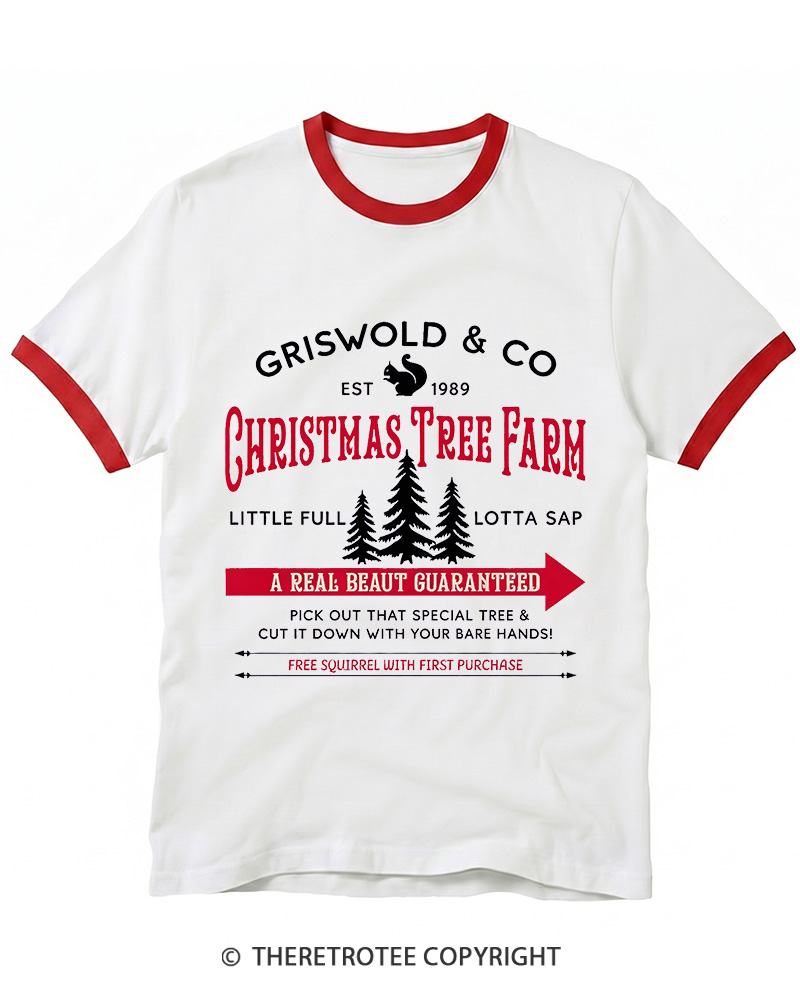 TheRetroTee Christmas Tree Farm 1980s Christmas Ringer T-shirt