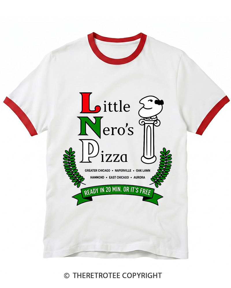 TheRetroTee Little Nero’s Pizza 1990s Christmas Ringer T-shirt