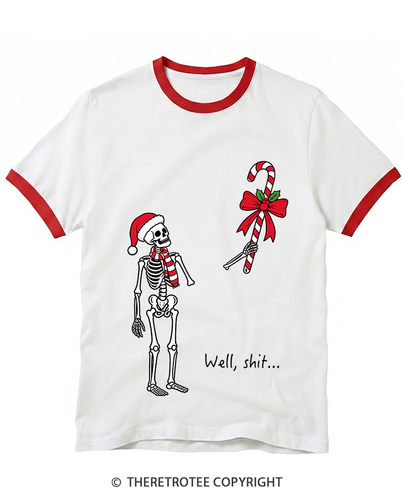 TheRetroTee Christmas Skeleton Vintage Ringer T-Shirt