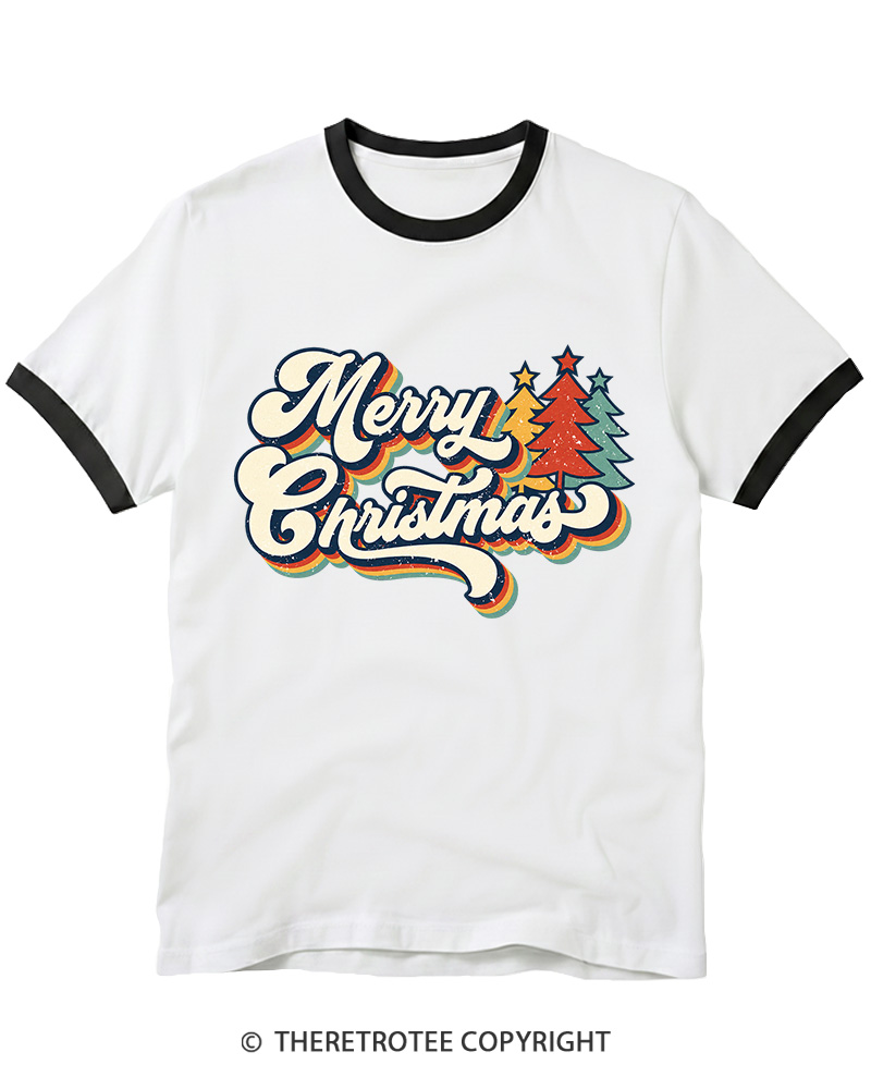 TheRetroTee Merry Christmas 1970s Ringer T-Shirt