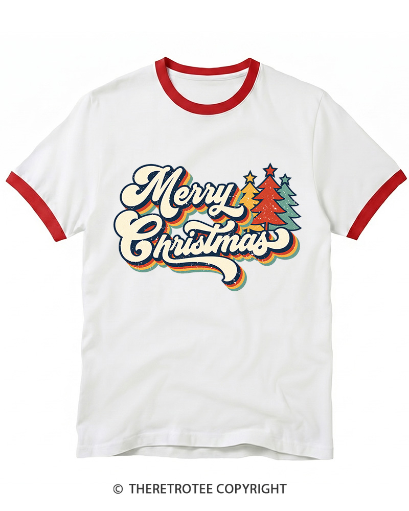 TheRetroTee Merry Christmas 1970s Ringer T-Shirt