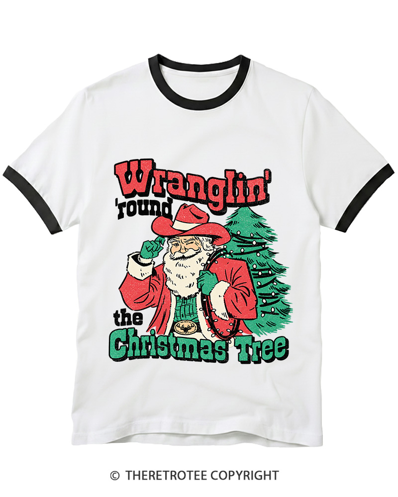 TheRetroTee Santa Wranglin Around 1970s Ringer T-Shirt