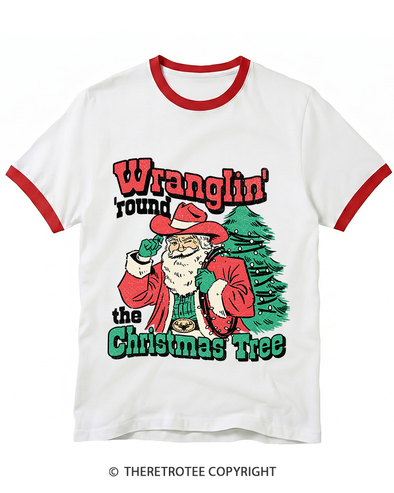TheRetroTee Santa Wranglin Around 1970s Ringer T-Shirt