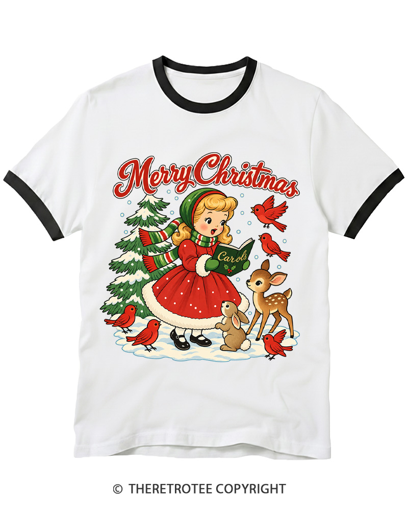 TheRetroTee Christmas Carols 1950s Ringer T-Shirt
