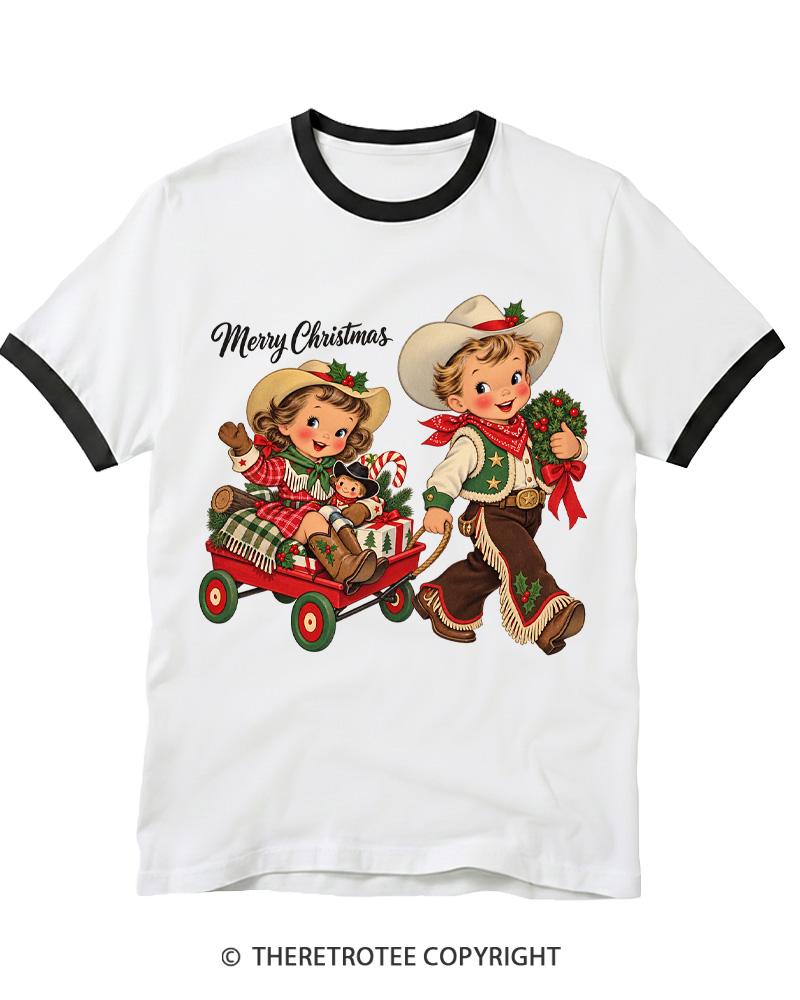 TheRetroTee Cowboy Christmas 1950s Ringer T-Shirt
