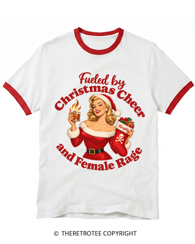 TheRetroTee Fueled by Christmas Cheer and Female Rage 1950s Ringer T-Shirt