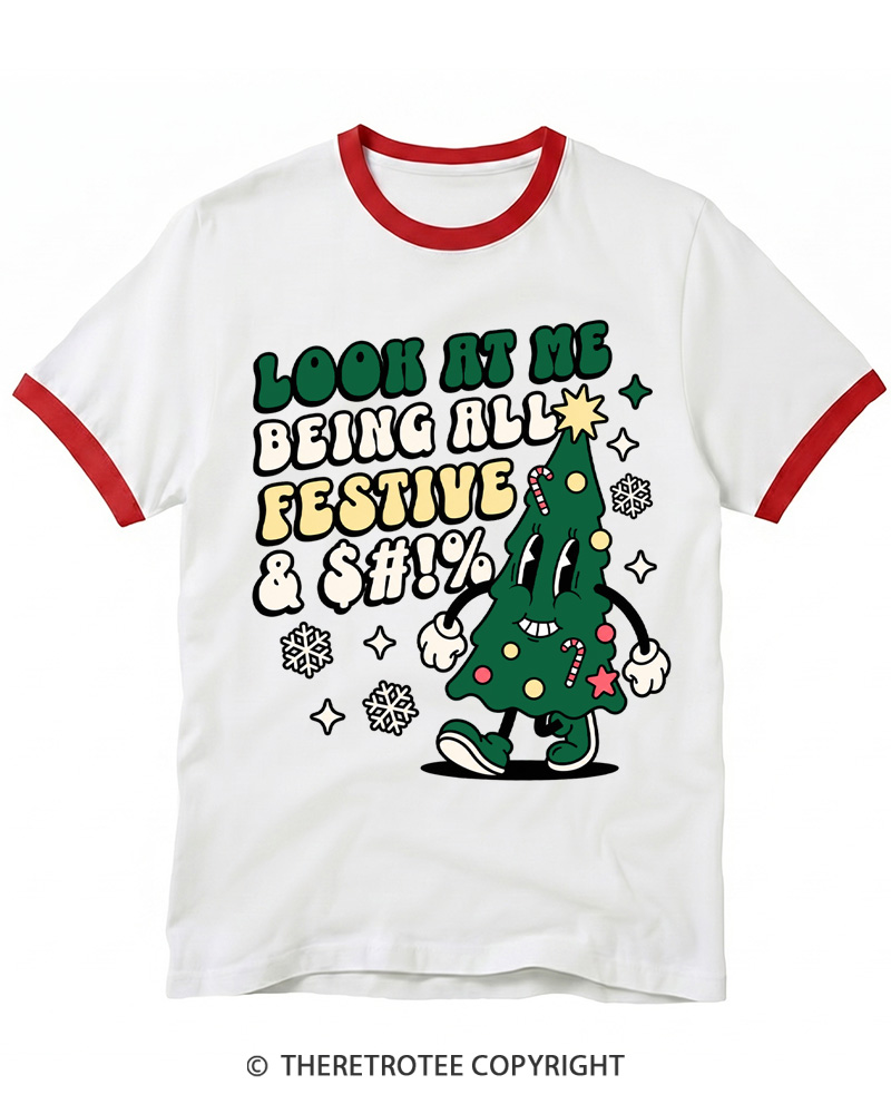 TheRetroTee Look At Me Being All Festive 1970s Christmas Ringer T-Shirt