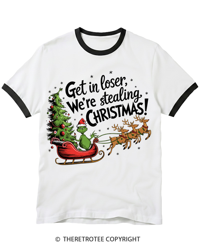 TheRetroTee Get in Loser We’re Stealing Christmas 1980s Christmas Ringer T-Shirt