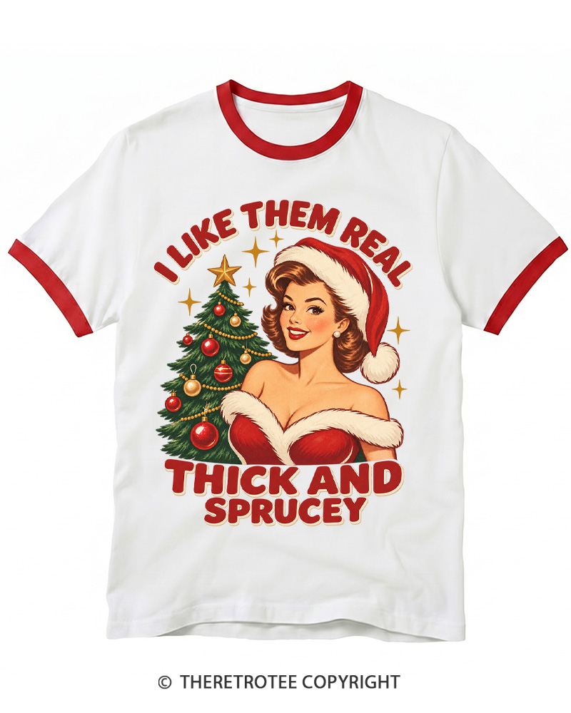 TheRetroTee Vintage 1950s Thick & Sprucey Christmas Ringer T-Shirt