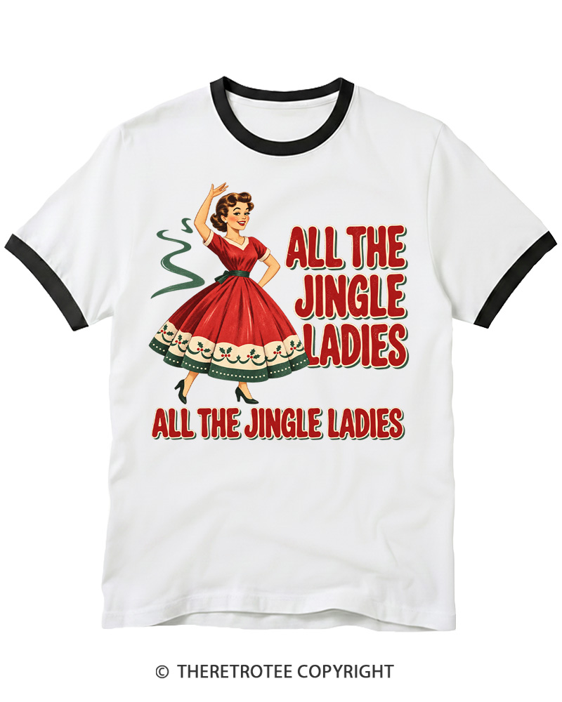 TheRetroTee Vintage 1950s Jingle Ladies Christmas Ringer T-Shirt