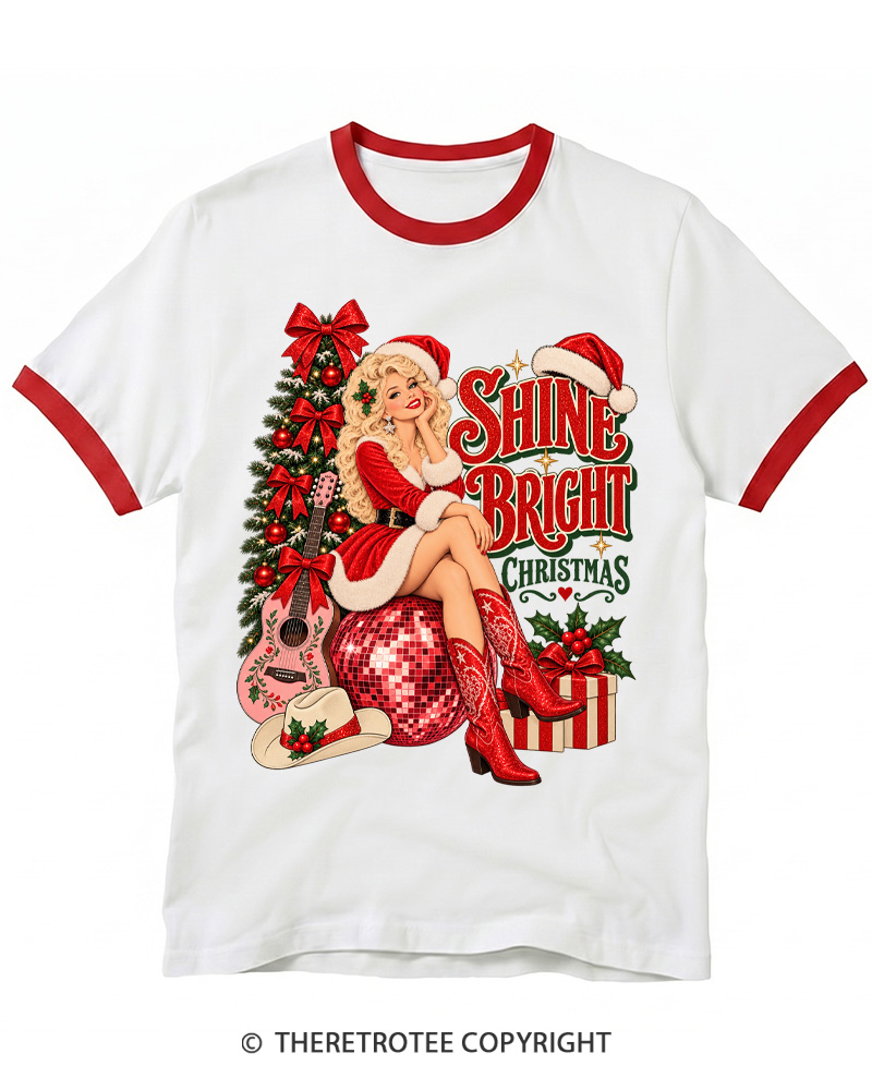 TheRetroTee Vintage 1950s Shine Bright Christmas Ringer T-Shirt