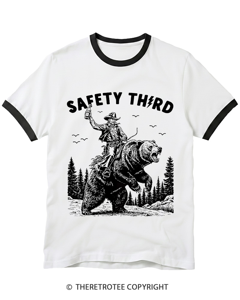 TheRetroTee Safety Third Grizzly Bear Ringer T-shirt