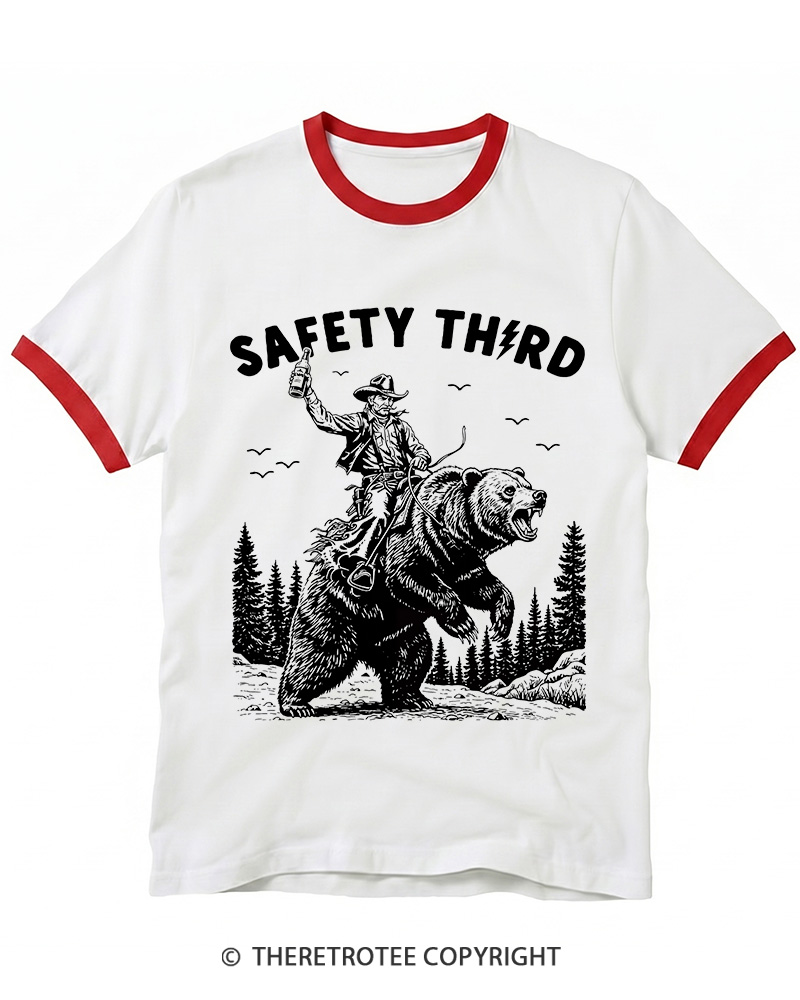 TheRetroTee Safety Third Grizzly Bear Ringer T-shirt