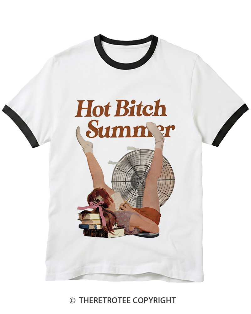 TheRetroTee Hot Bitch Summer Vintage Graphic Ringer T-shirt