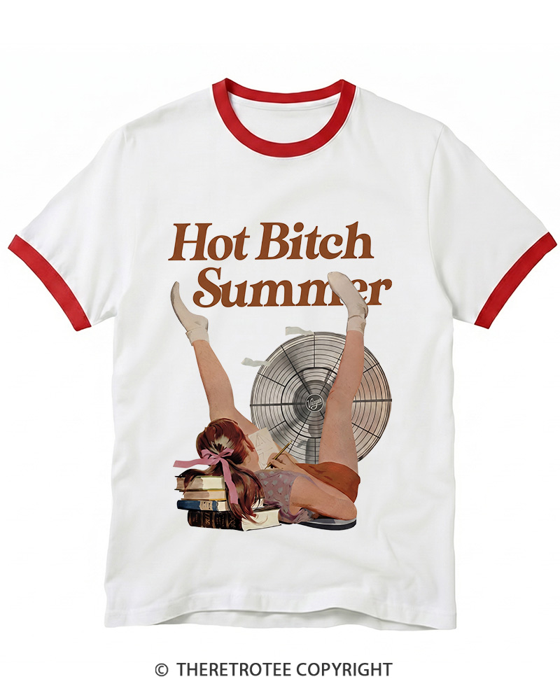TheRetroTee Hot Bitch Summer Vintage Graphic Ringer T-shirt