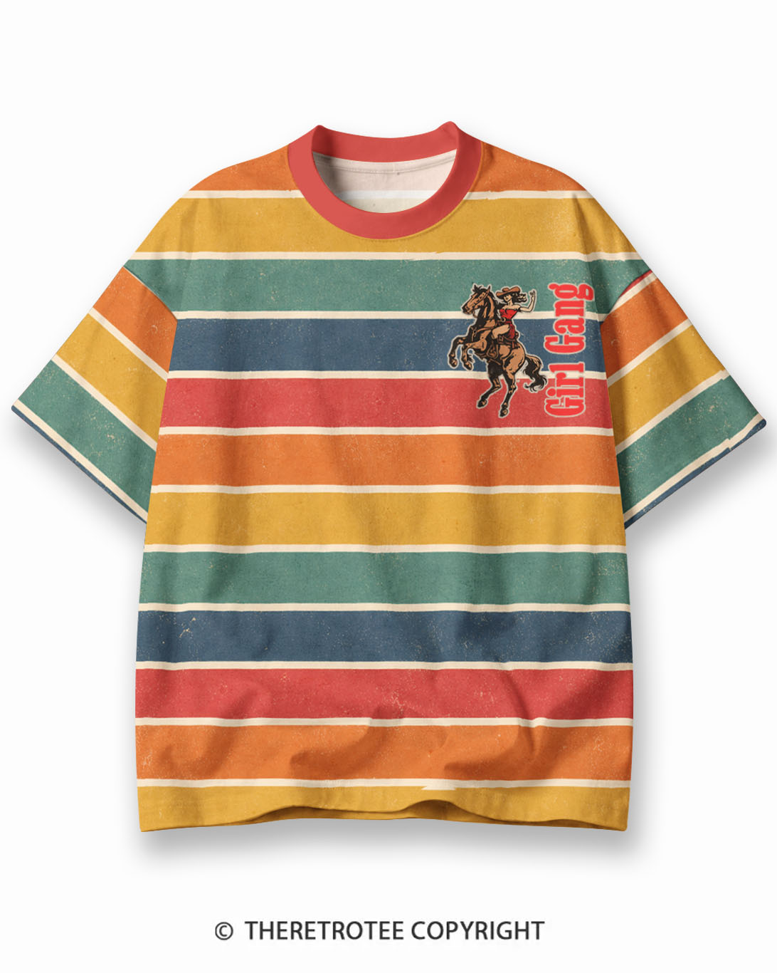 TheRetroTee 1970s Vintage Retro Sunset Graphic Stripe Ringer T-Shirt