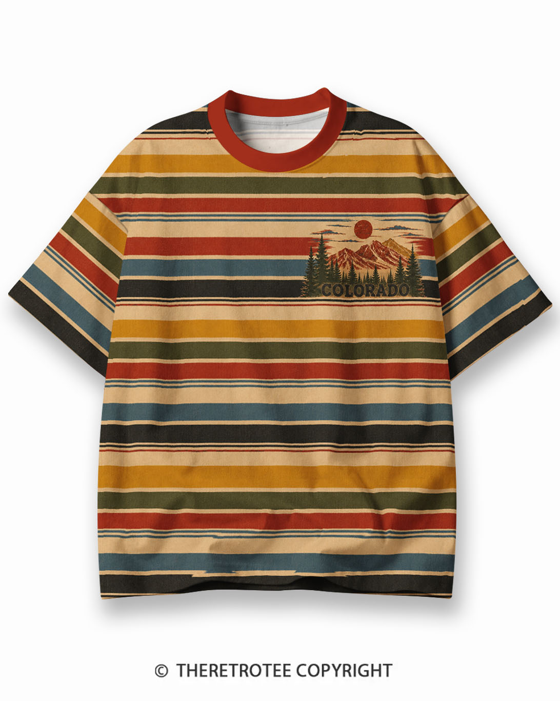 TheRetroTee 1970s Vintage Retro Sunset Graphic Stripe Ringer T-Shirt