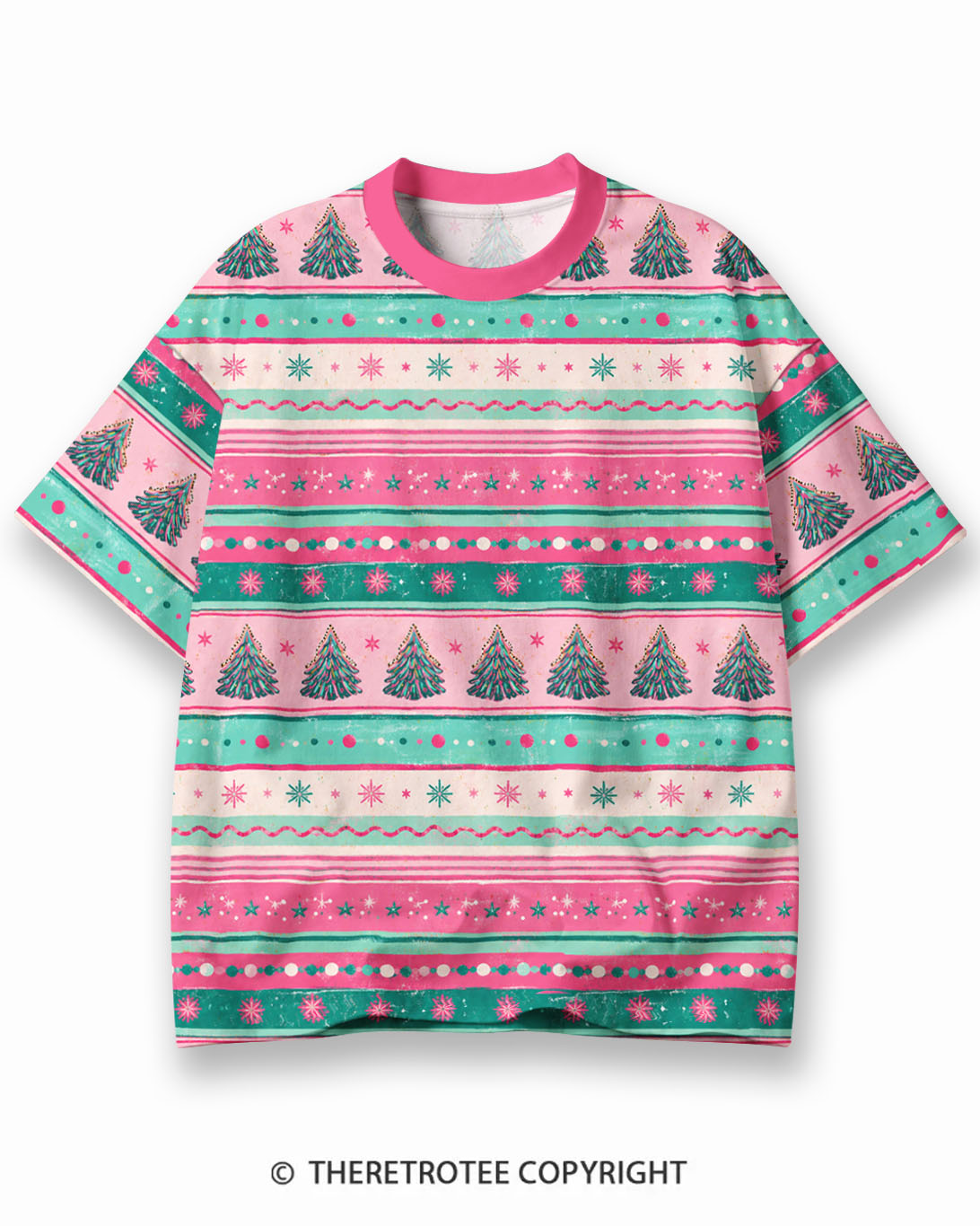 TheRetroTee Candy Tree Christmas Eco Oversized Striped Ringer T-Shirt