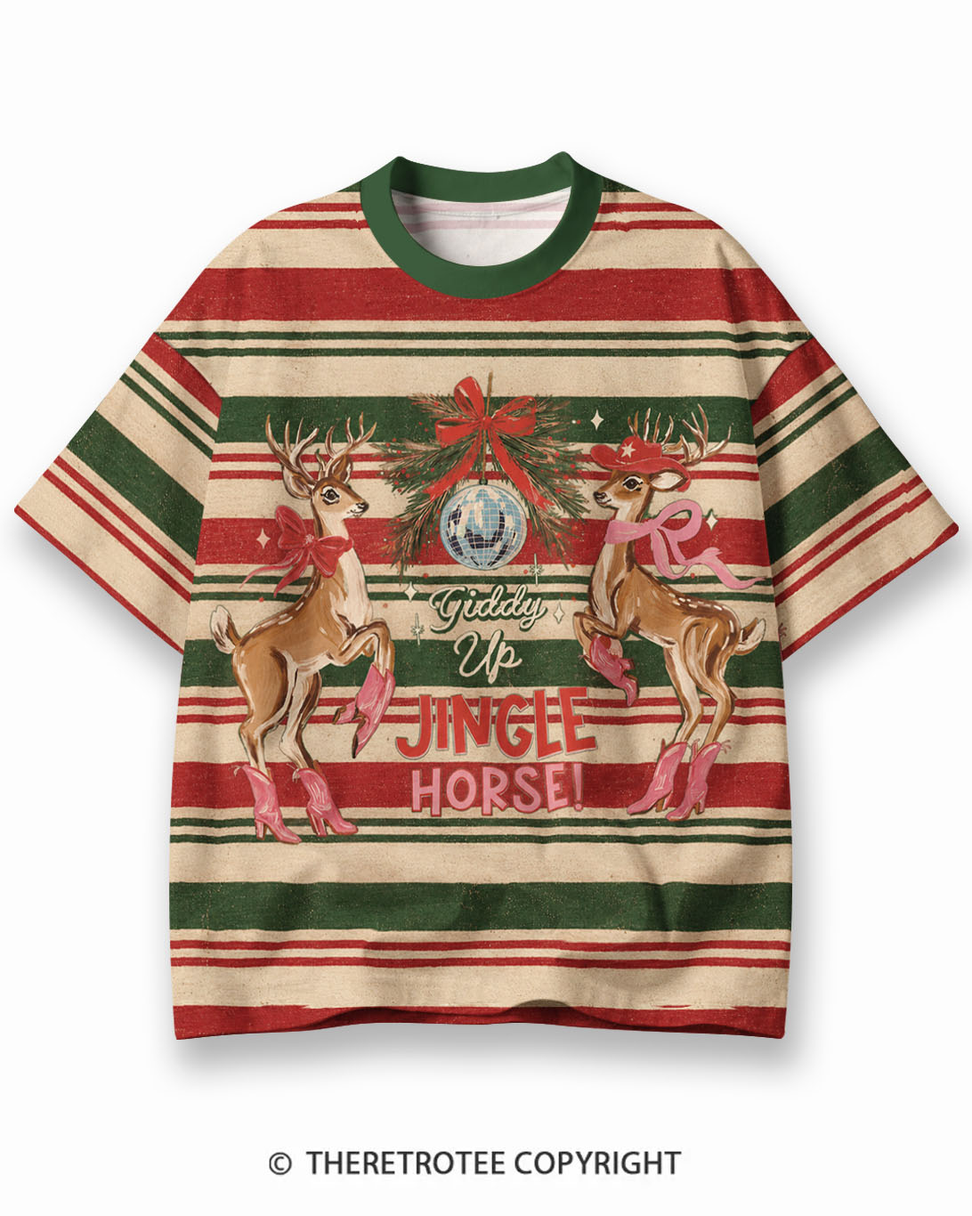 TheRetroTee Candy Tree Christmas Eco Oversized Striped Ringer T-Shirt