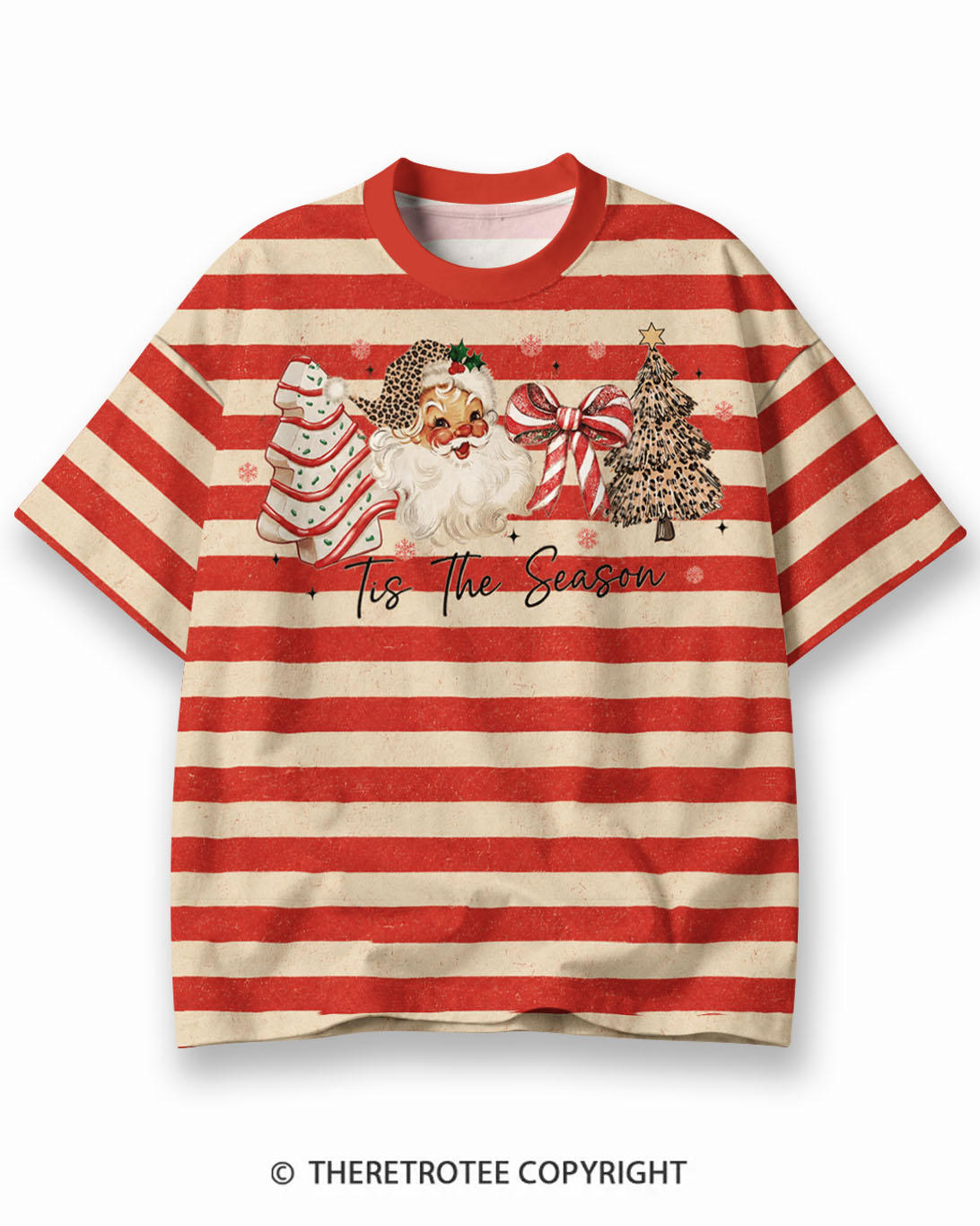 TheRetroTee Candy Tree Christmas Eco Oversized Striped Ringer T-Shirt