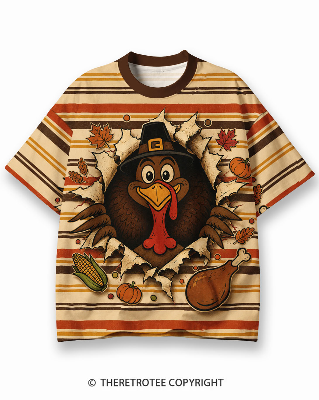 TheRetroTee Vintage Thanksgiving Turkey Surprise Eco Oversized Striped Ringer T-Shirt