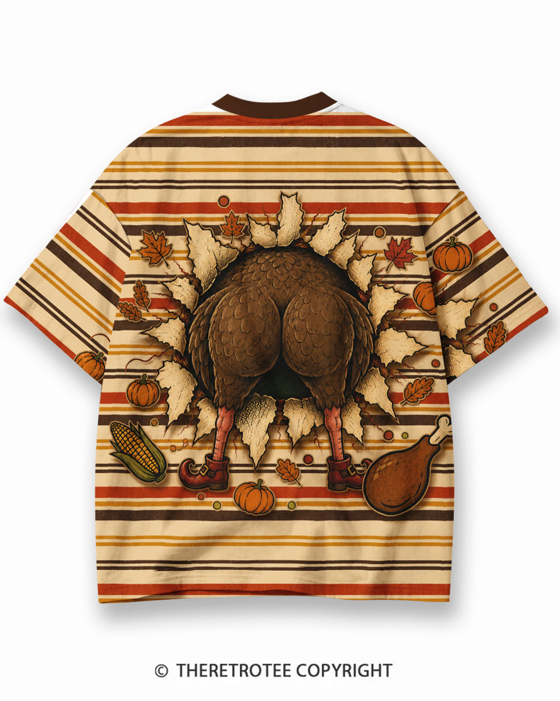 TheRetroTee Vintage Thanksgiving Turkey Surprise Eco Oversized Striped Ringer T-Shirt