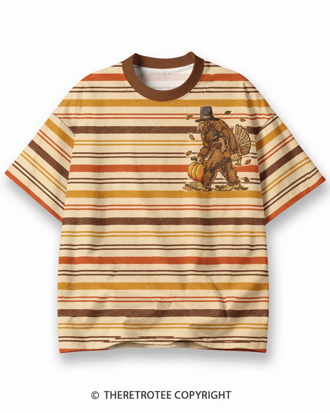 TheRetroTee Vintage Thanksgiving Turkey Surprise Eco Oversized Striped Ringer T-Shirt