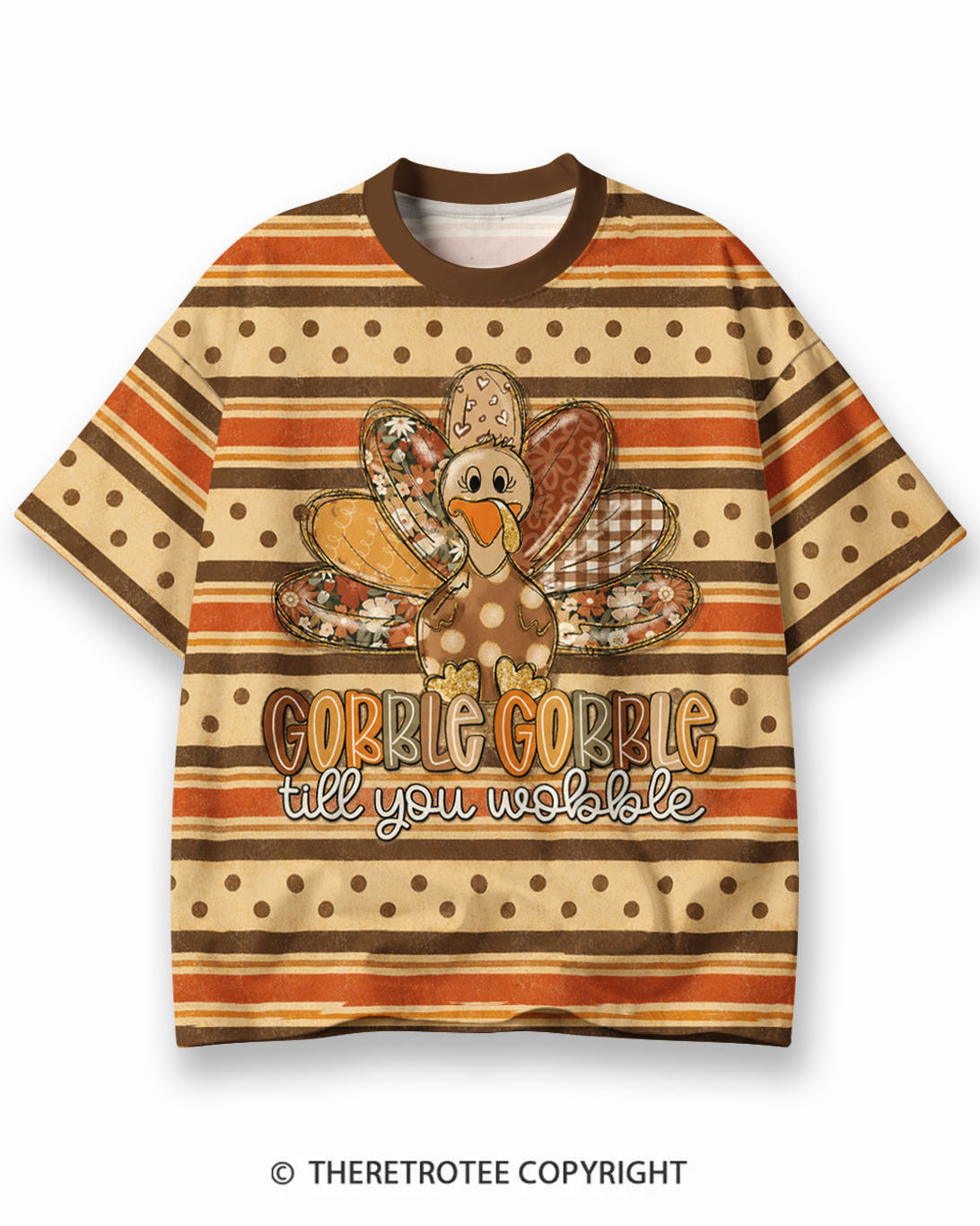 TheRetroTee Vintage Thanksgiving Turkey Surprise Eco Oversized Striped Ringer T-Shirt