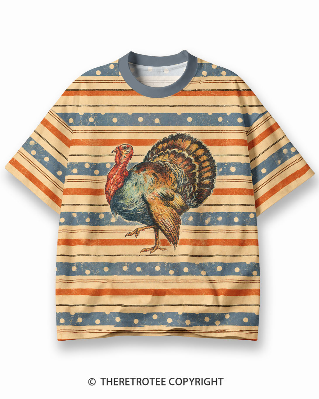 TheRetroTee Vintage Thanksgiving Turkey Surprise Eco Oversized Striped Ringer T-Shirt