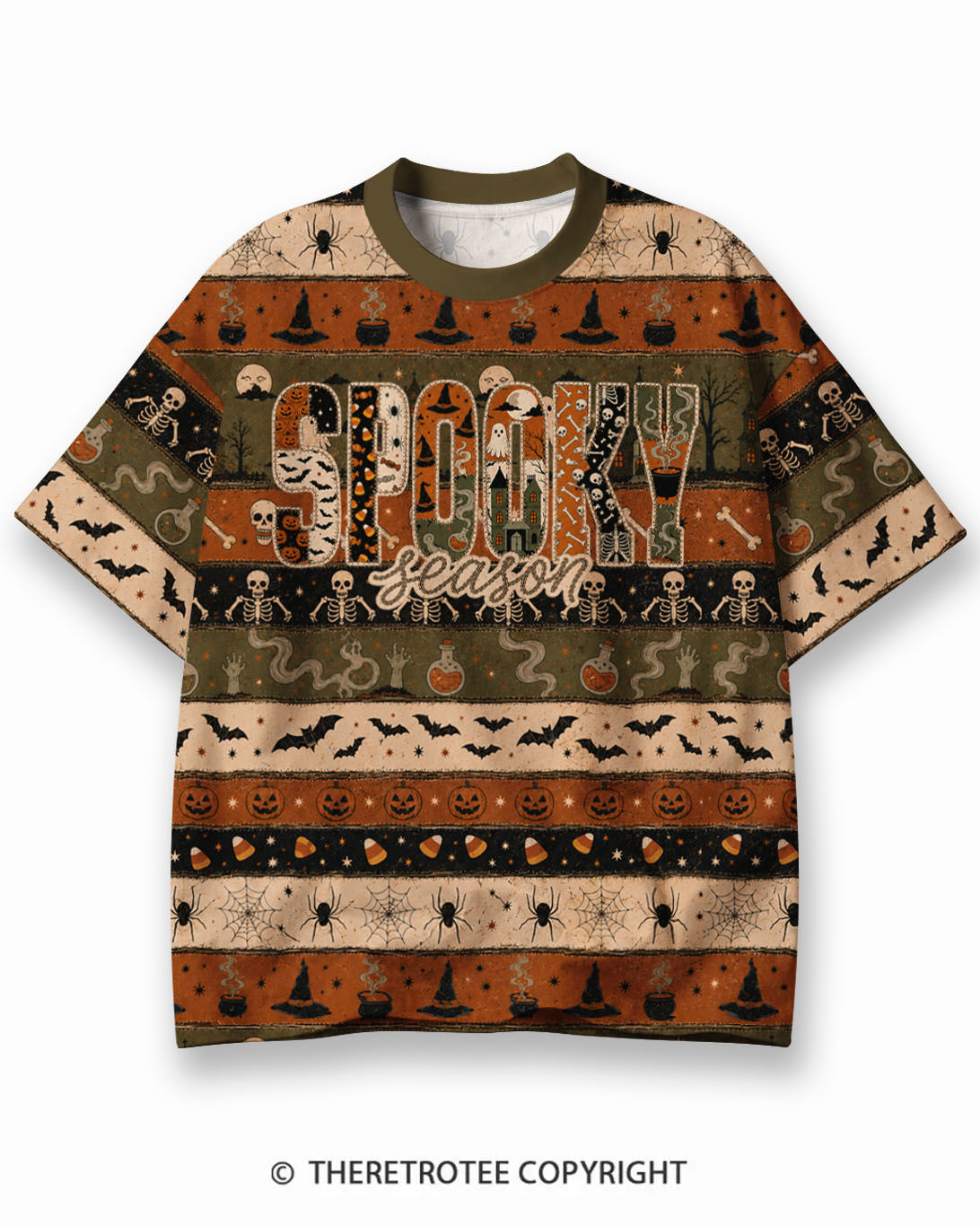 TheRetroTee Vintage Halloween Spooky Season Eco Oversized Striped Ringer T-Shirt