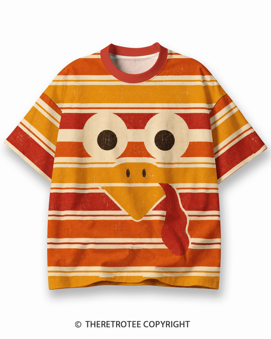 TheRetroTee Funny Turkey Face Thanksgiving Eco Oversized Striped Ringer T-Shirt
