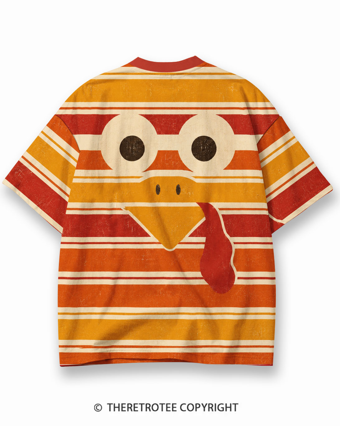 TheRetroTee Funny Turkey Face Thanksgiving Eco Oversized Striped Ringer T-Shirt