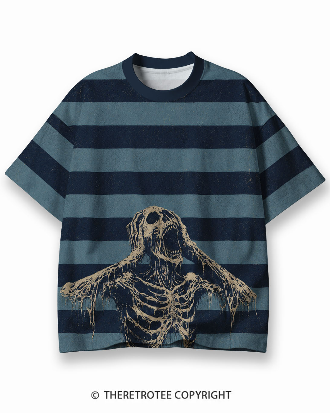 TheRetroTee Vintage Halloween Screaming Skeleton Eco Oversized Striped Ringer T-Shirt