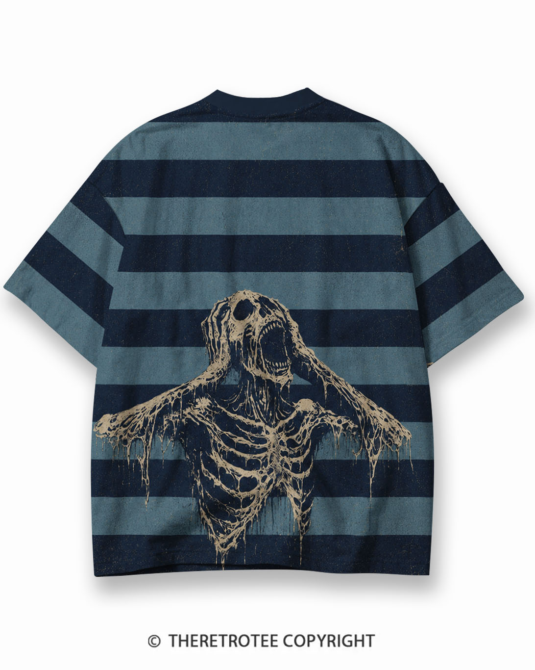 TheRetroTee Vintage Halloween Screaming Skeleton Eco Oversized Striped Ringer T-Shirt