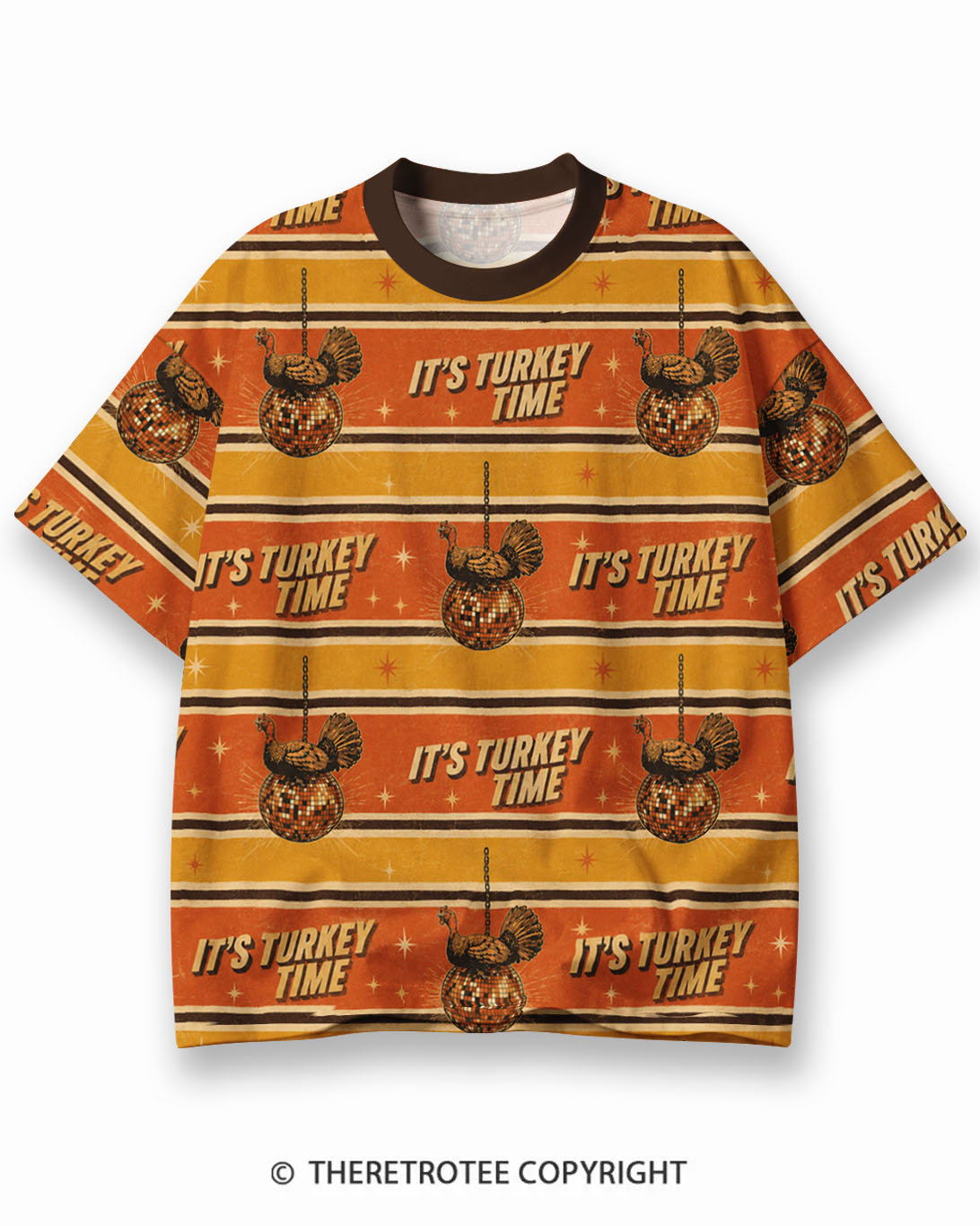 TheRetroTee Funny Turkey Face Thanksgiving Eco Oversized Striped Ringer T-Shirt