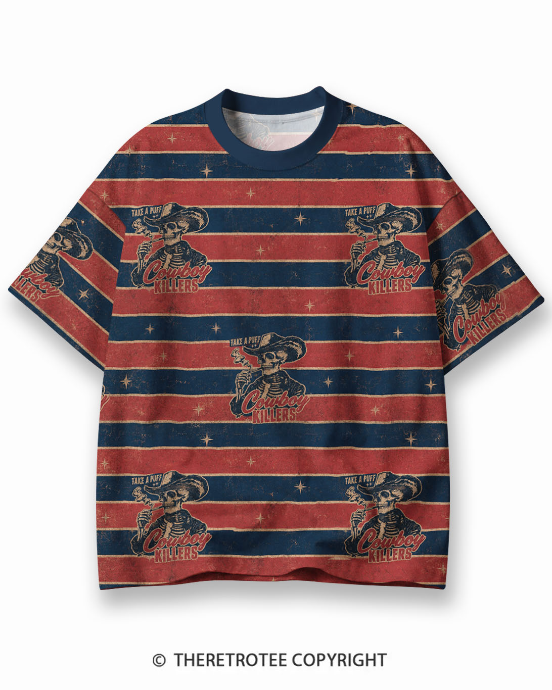 TheRetroTee Vintage Halloween Screaming Skeleton Eco Oversized Striped Ringer T-Shirt