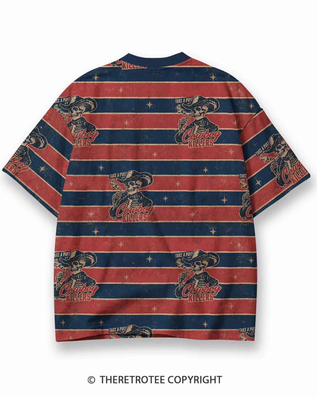 TheRetroTee Vintage Halloween Screaming Skeleton Eco Oversized Striped Ringer T-Shirt