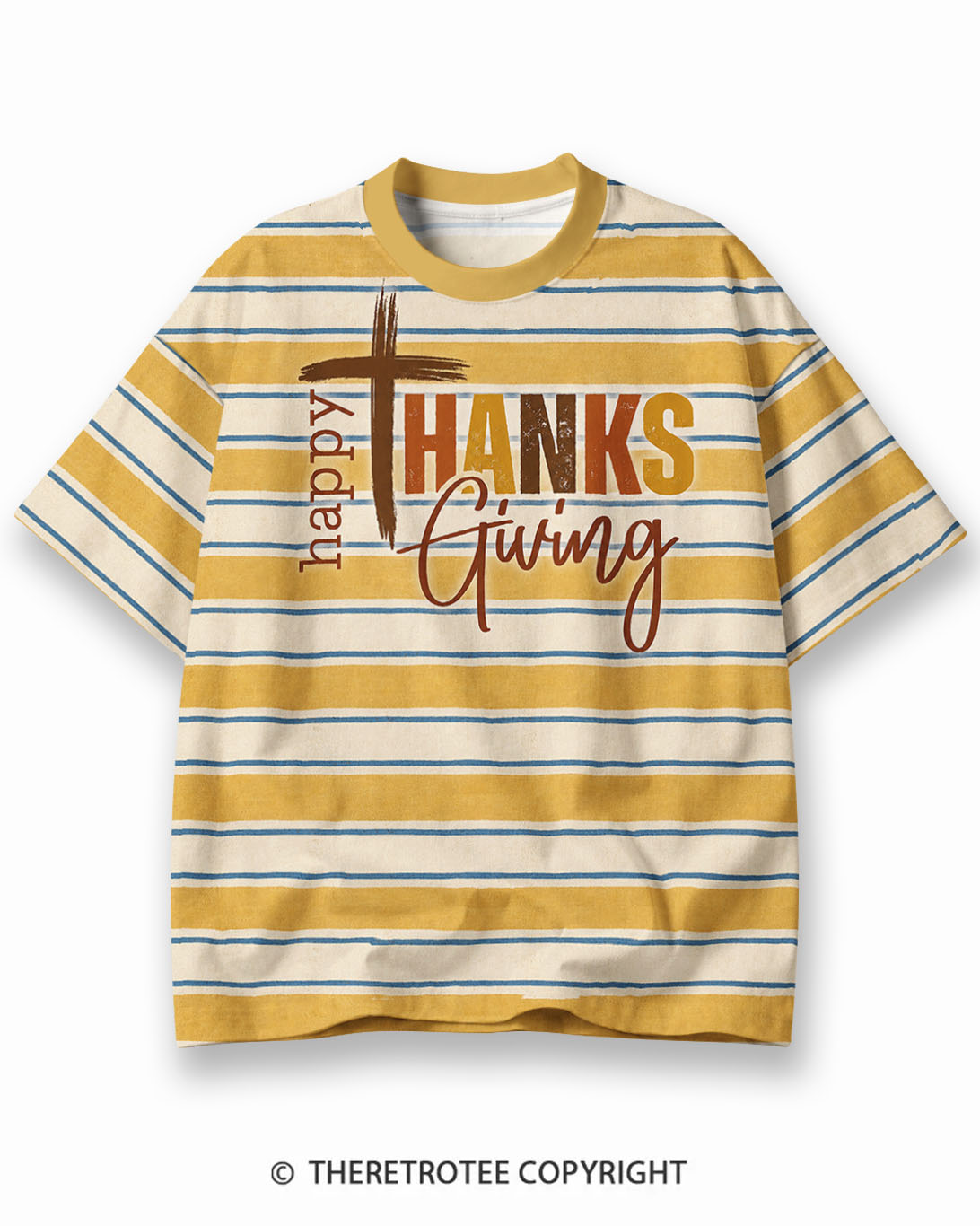 TheRetroTee Funny Turkey Face Thanksgiving Eco Oversized Striped Ringer T-Shirt