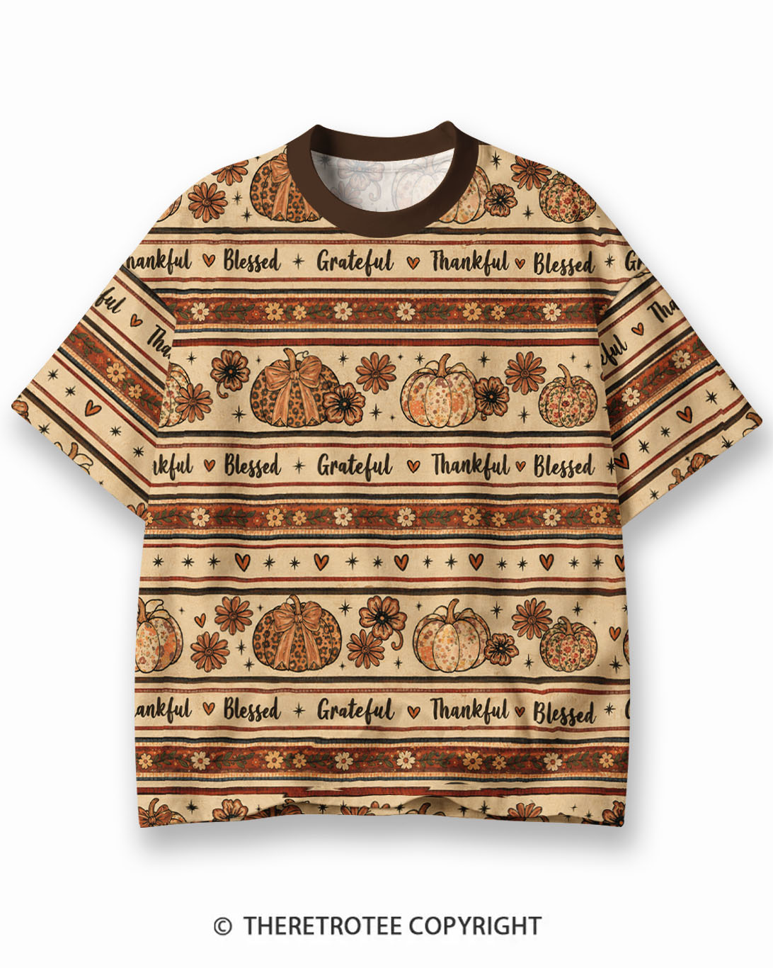 TheRetroTee Funny Turkey Face Thanksgiving Eco Oversized Striped Ringer T-Shirt