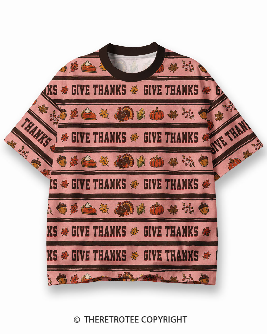 TheRetroTee Funny Turkey Face Thanksgiving Eco Oversized Striped Ringer T-Shirt