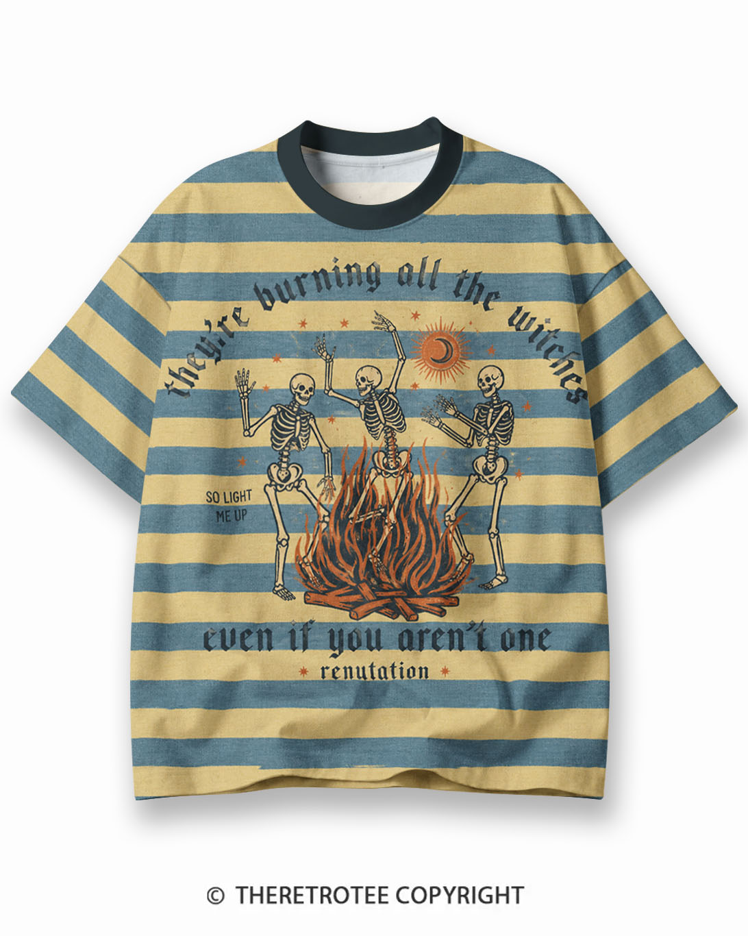 TheRetroTee Vintage Halloween Screaming Skeleton Eco Oversized Striped Ringer T-Shirt