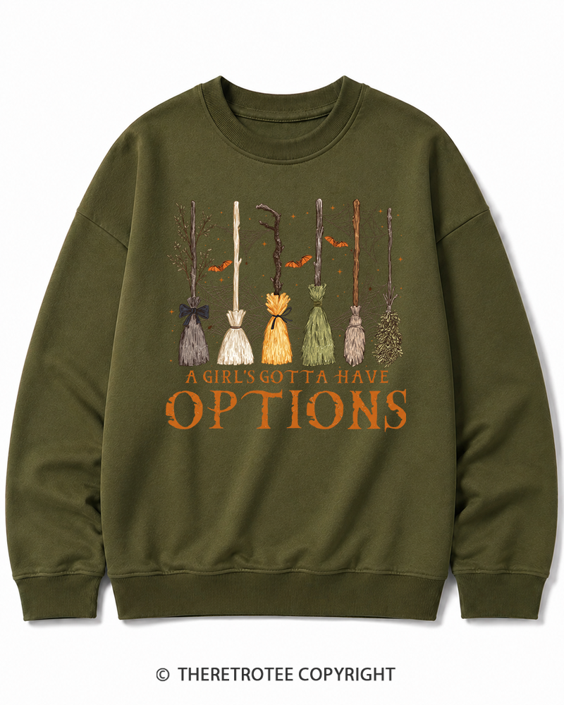 TheRetroTee A Girl Gotta Have Options 1980s Halloween Halloween Cotton Sweatshirt