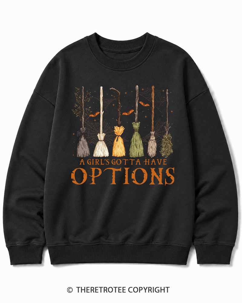 TheRetroTee A Girl Gotta Have Options 1980s Halloween Halloween Cotton Sweatshirt